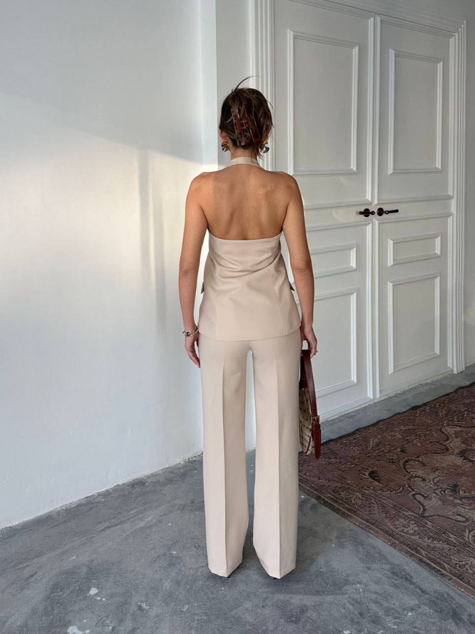 Evrine backless atlas gold buttoned fabric mink suit