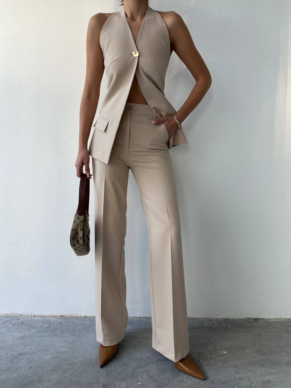 Evrine backless atlas gold buttoned fabric mink suit