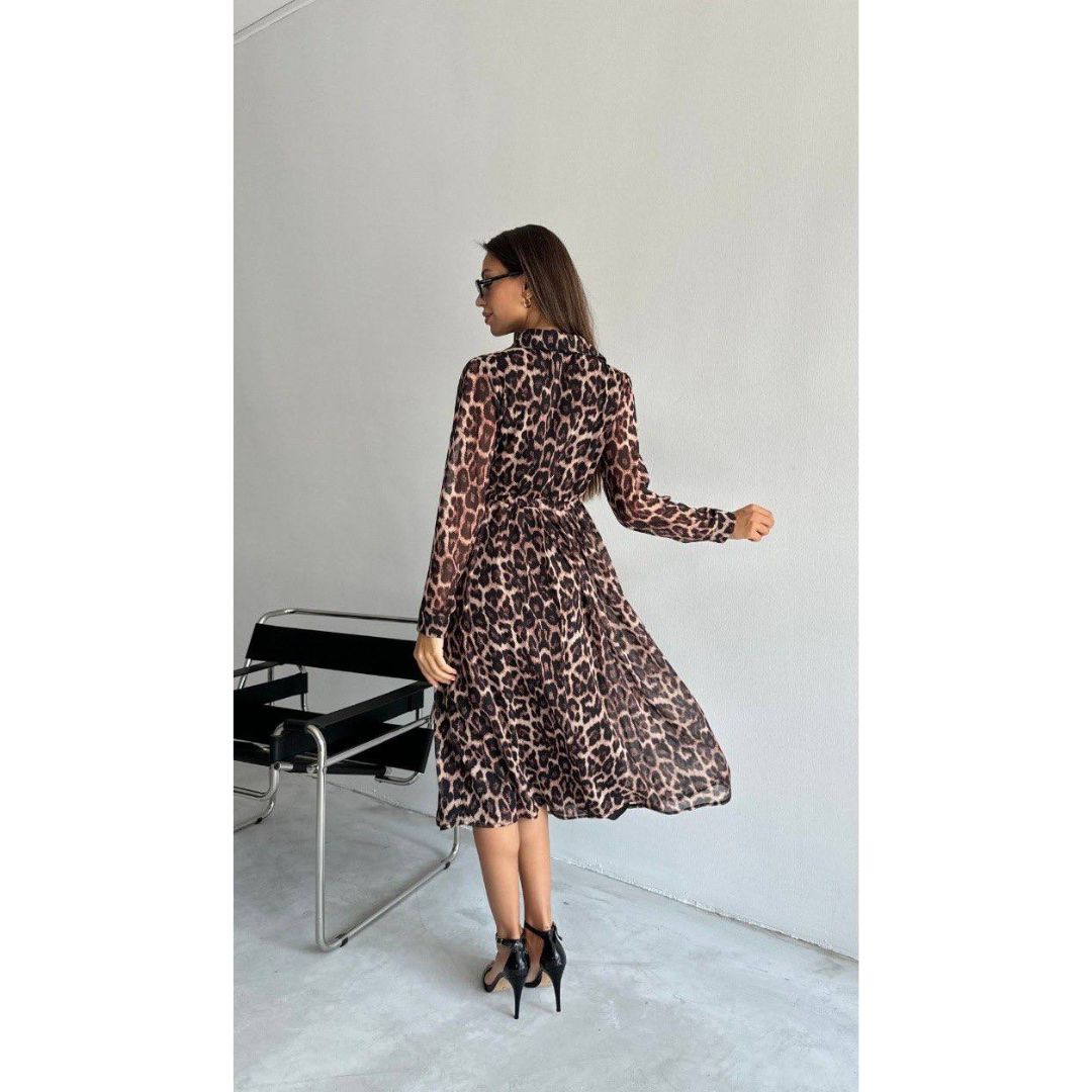 Velour leopard print split leg midi shirt dress