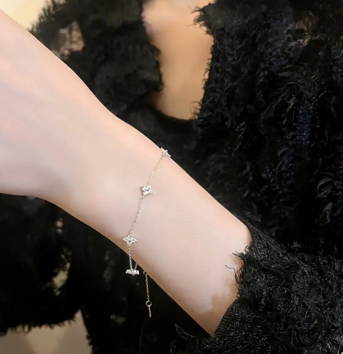 White Gold-Plated Four Leaf Clover & Star Charm Bracelet – Cubic Zirconia Accents