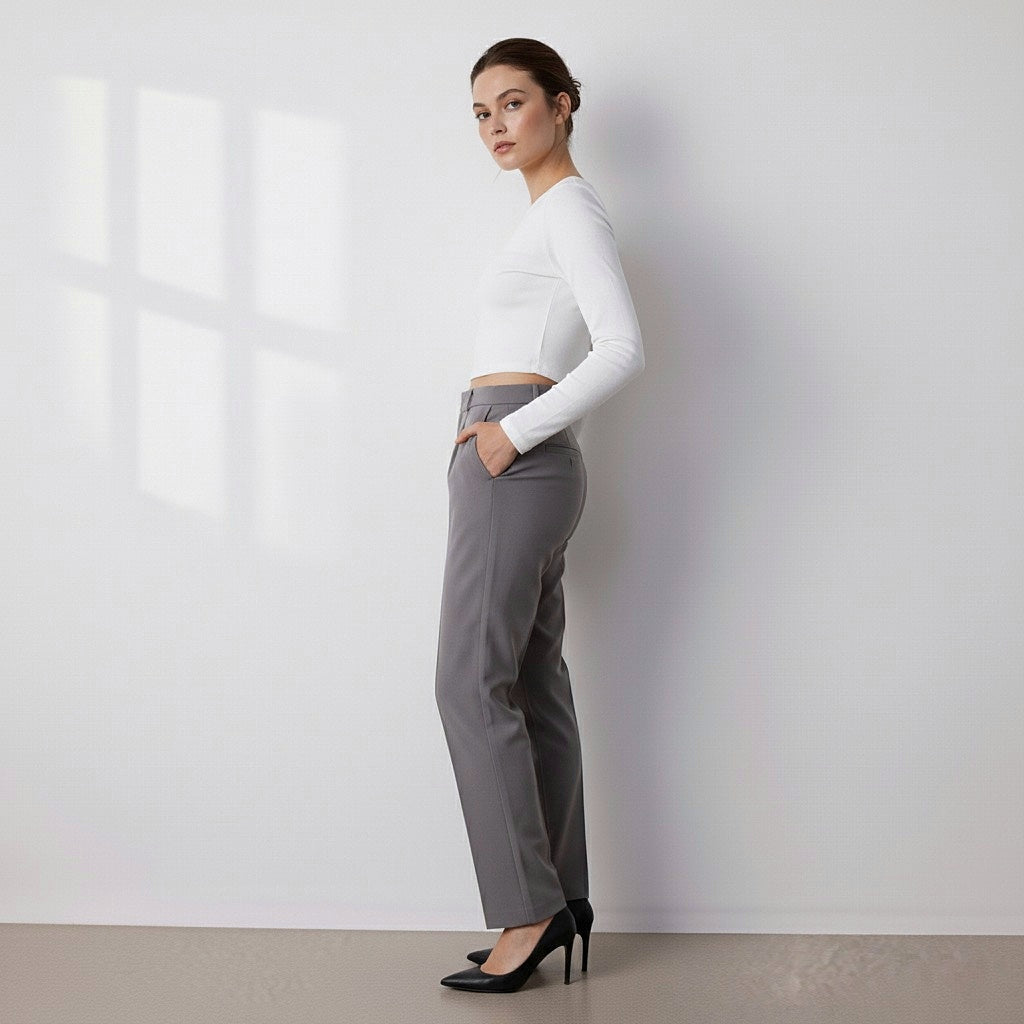 Nuvo Gray Straight Cut High Waist Ribbed Stitched Woven Trousers