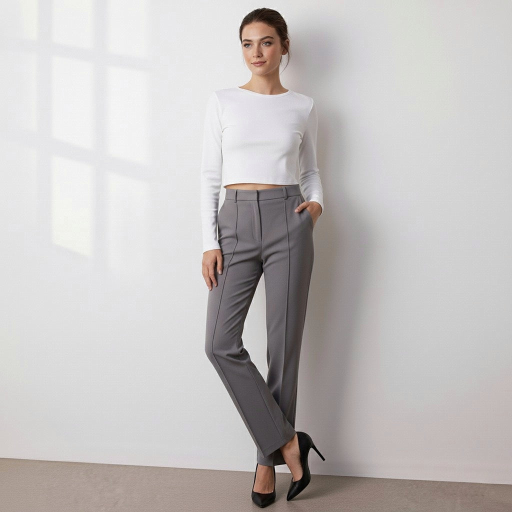 Nuvo Gray Straight Cut High Waist Ribbed Stitched Woven Trousers