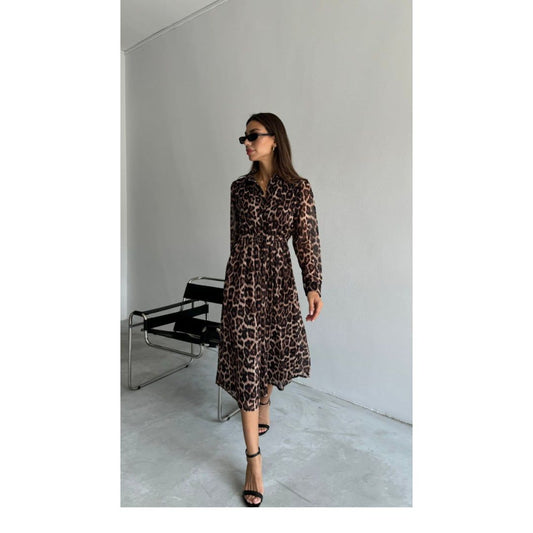 Velour leopard print split leg midi shirt dress