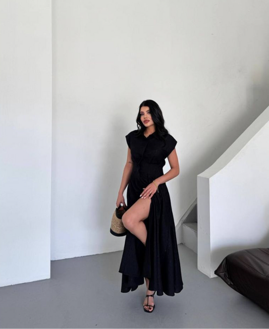 Arielle Black Jacquard Linen Dress