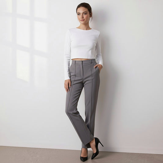 Nuvo Gray Straight Cut High Waist Ribbed Stitched Woven Trousers
